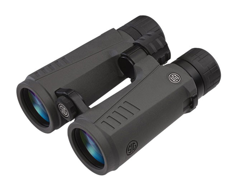 Black compact binoculars with blue-tinted lenses