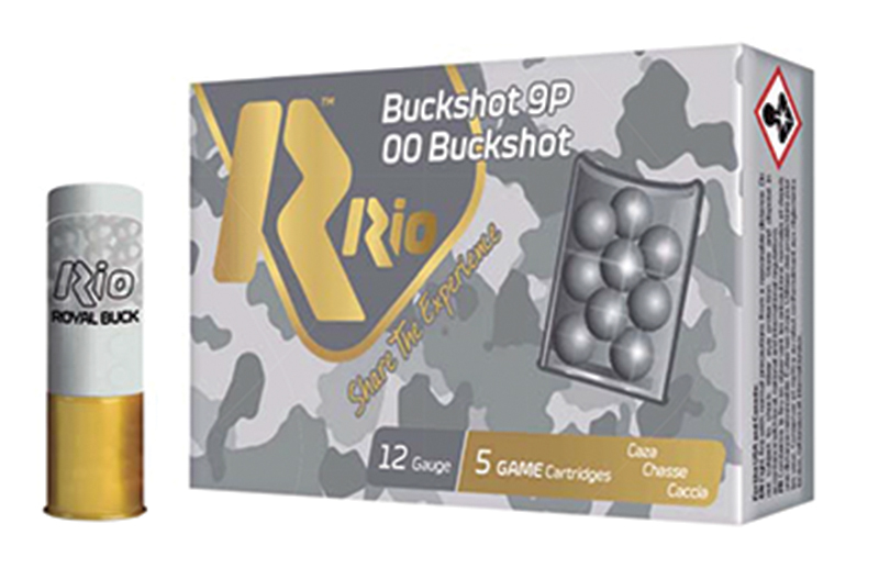 Rio 12-gauge 00 buckshot ammunition box and shell