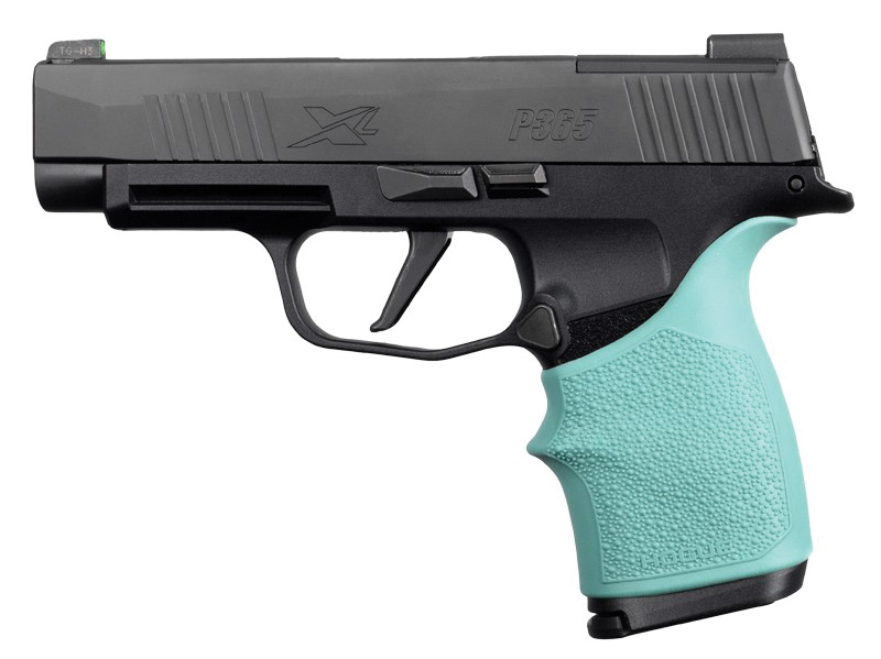 Black handgun with turquoise grip
