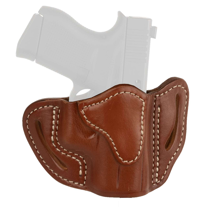 Brown leather handgun holster with pistol inserted