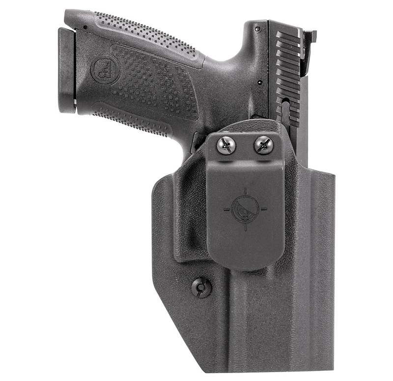 Black handgun in a molded polymer holster