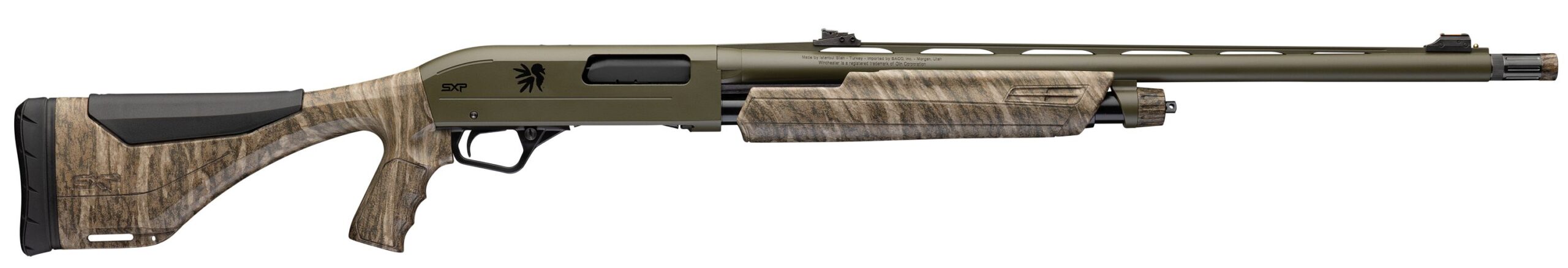 Camouflage pump-action shotgun isolated on white background