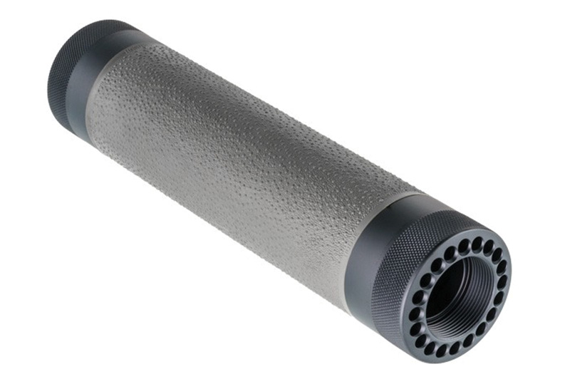 Black cylindrical firearm suppressor with threaded end