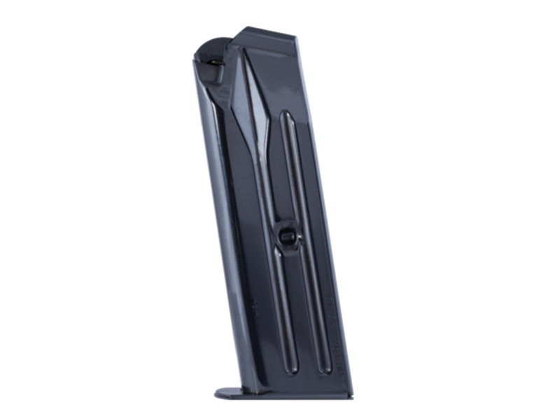 Black metal handgun magazine on white background