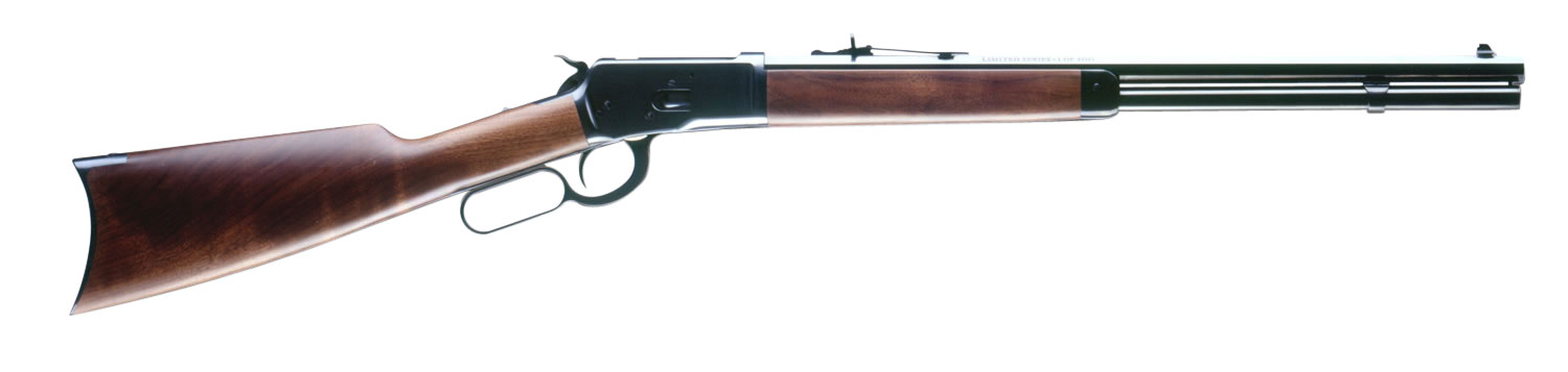 Lever-action rifle with wooden stock on white background