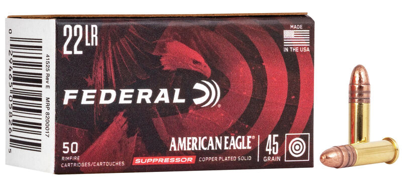 Federal American Eagle .22 LR ammunition box and bullets