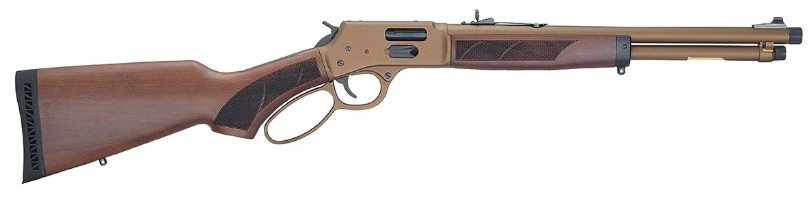 Lever-action rifle with wooden stock and brass receiver