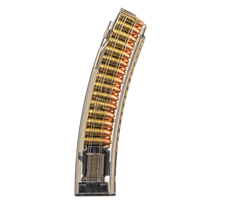 Transparent curved rifle magazine loaded with bullets