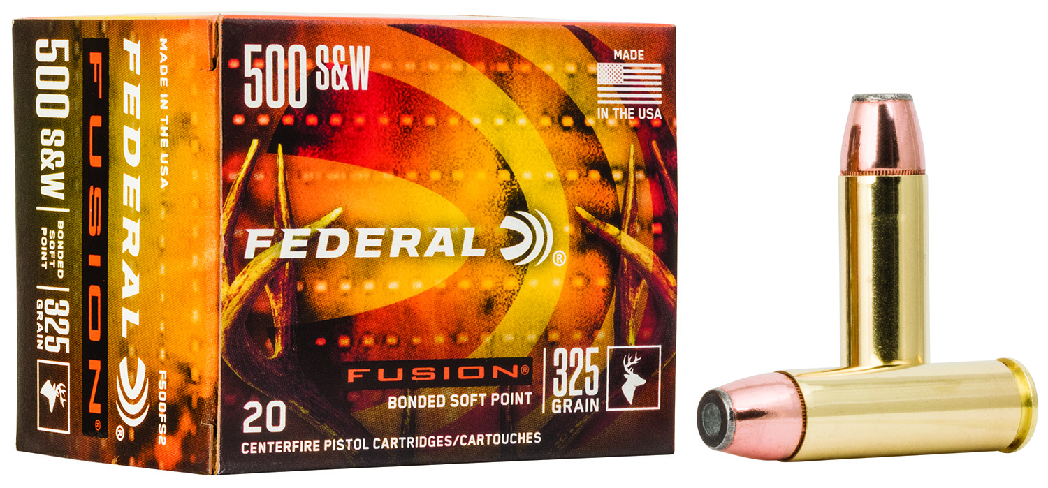 Federal Fusion 500 S&W ammunition box and cartridges
