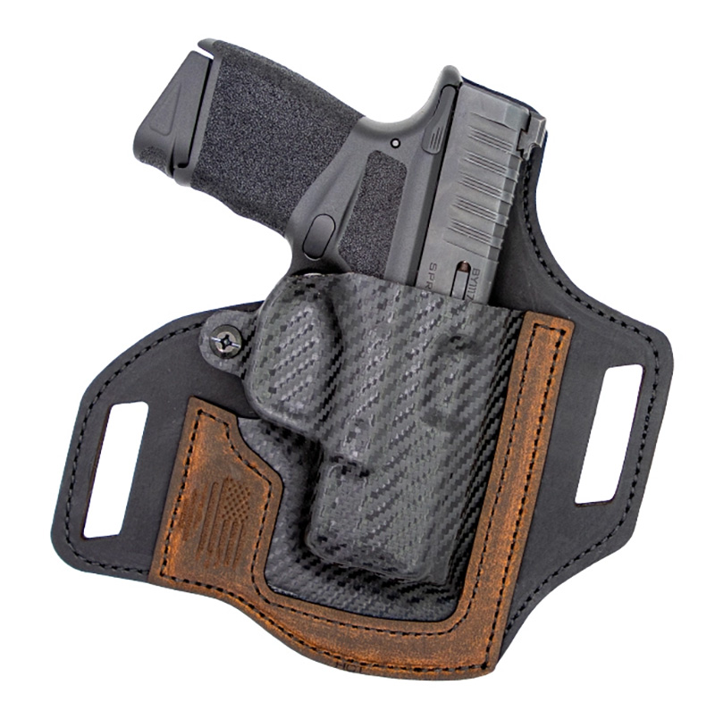 Compact handgun in carbon fiber leather holster