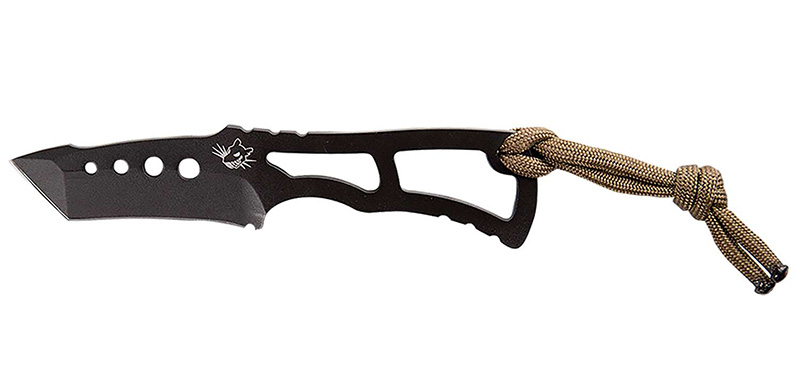Black tactical knife with paracord lanyard
