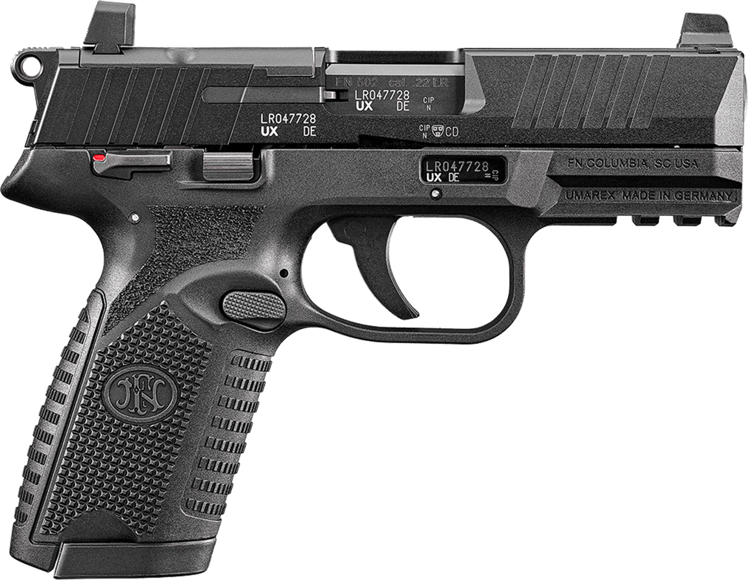 Black semi-automatic pistol on white background