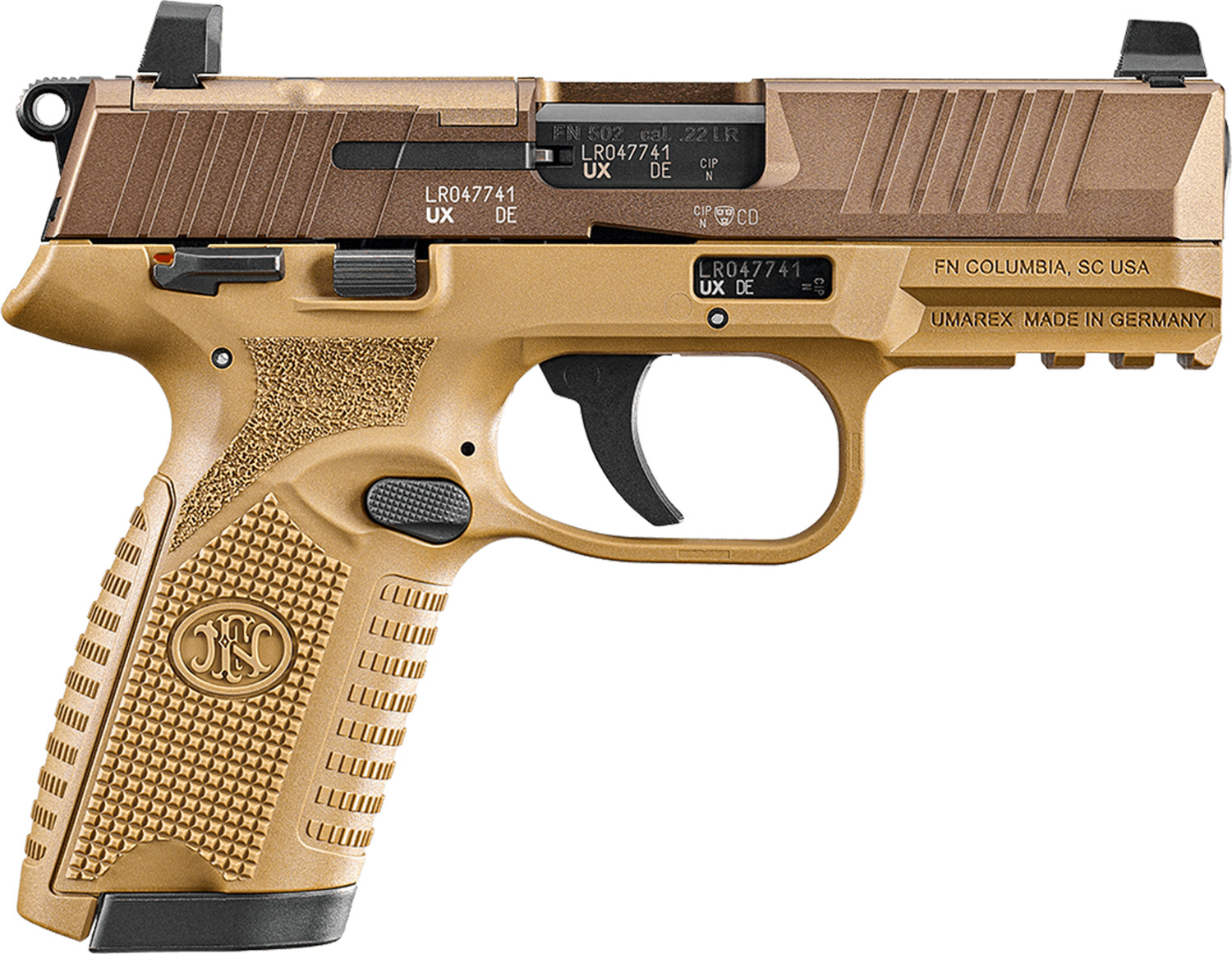 Tan and black FN semi-automatic pistol