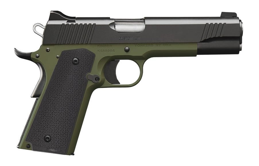 Green and black 1911-style semi-automatic pistol