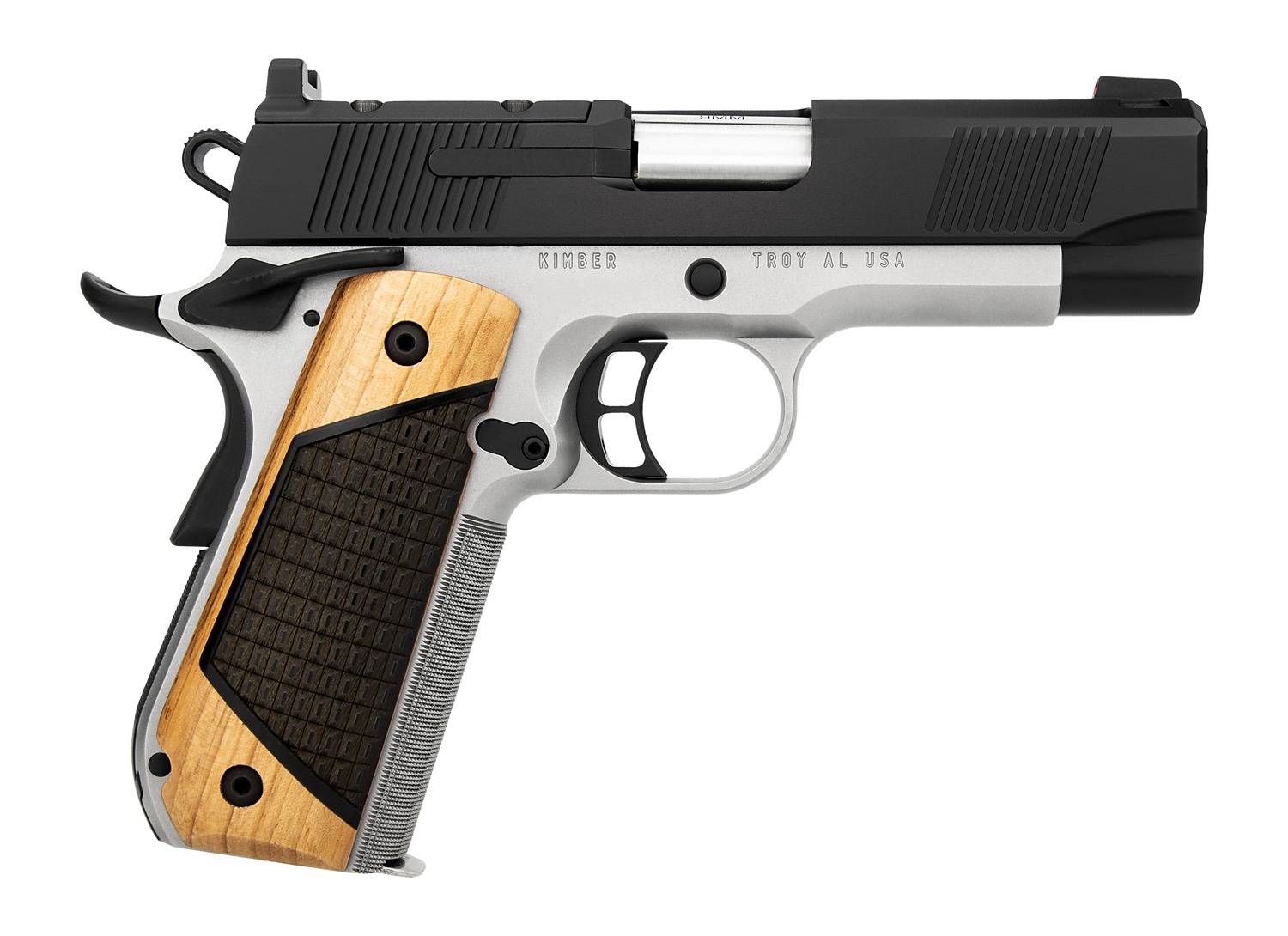 Two-tone Kimber 1911-style handgun on white background