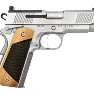 Stainless steel 1911-style handgun with wood grip