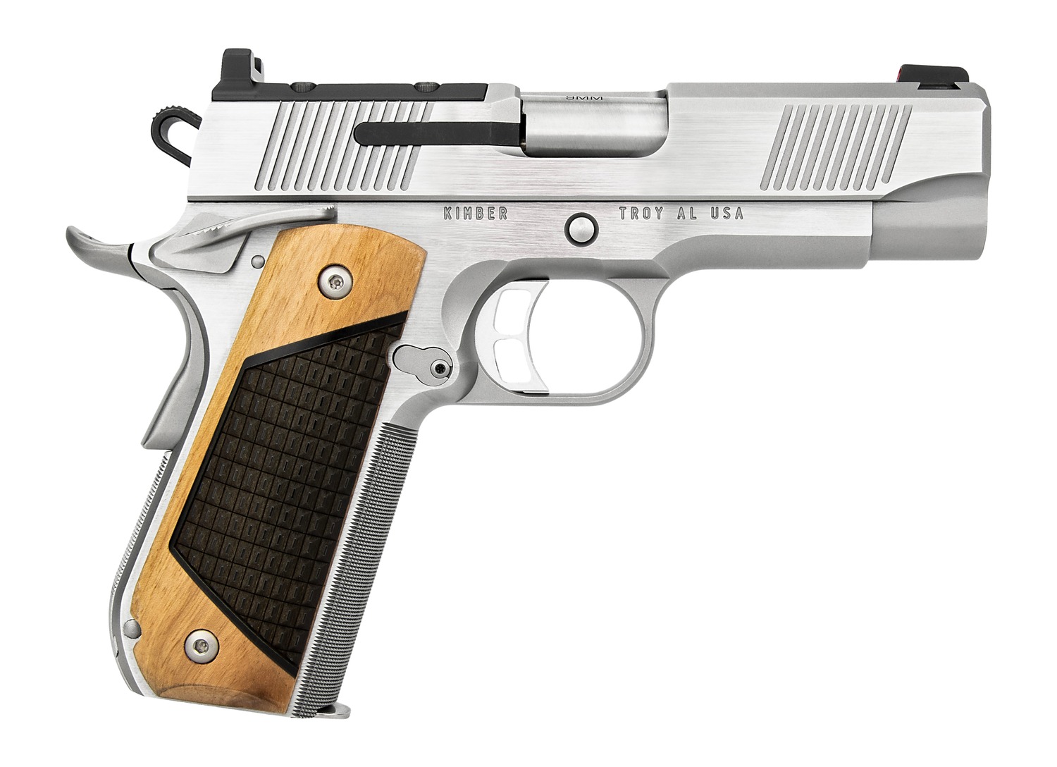 Stainless steel 1911-style handgun with wood grip