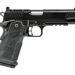 Black semi-automatic handgun on white background