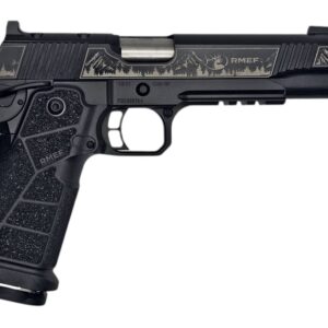 Engraved black semi-automatic handgun on white background