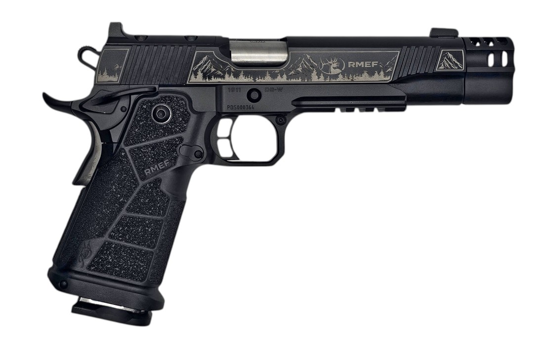 Engraved black semi-automatic handgun on white background