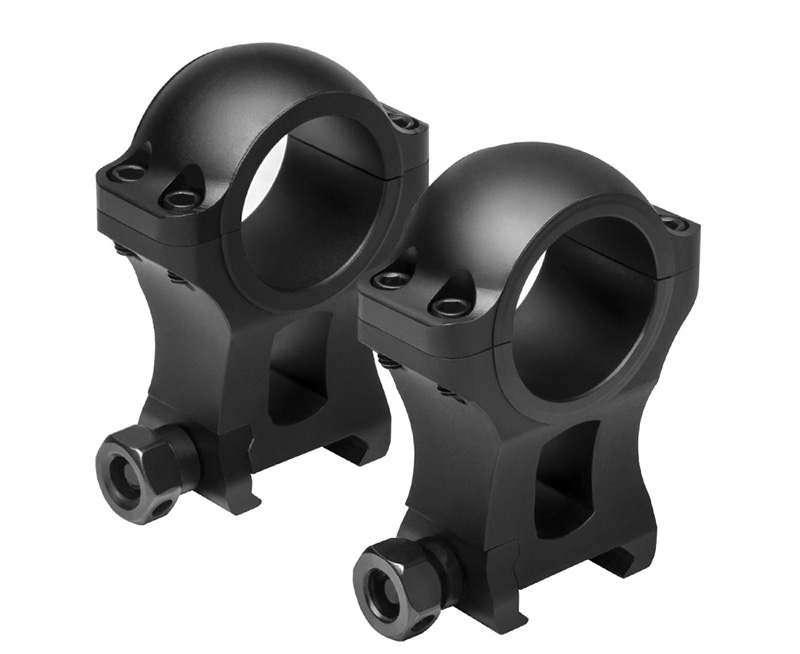 Two black rifle scope mounting rings
