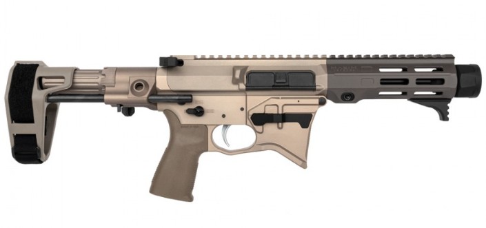 Tan AR-style pistol with stabilizing brace
