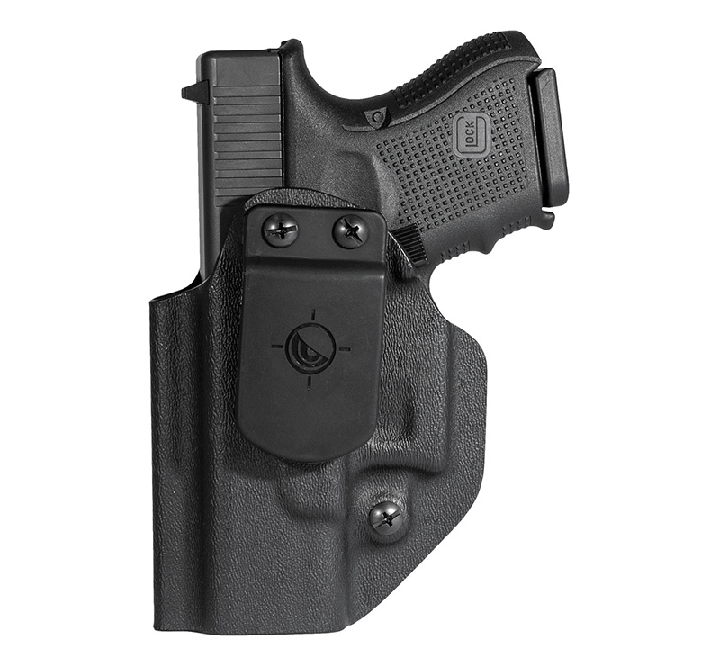 Black handgun in black holster on white background