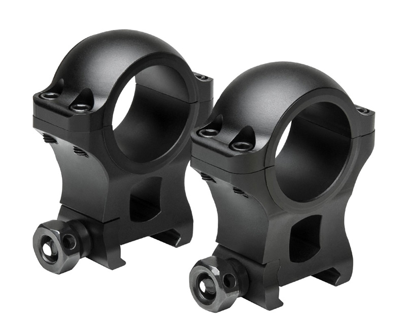 Two black rifle scope mounting rings