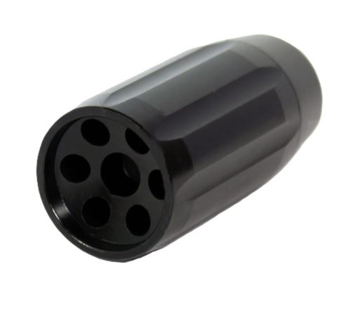 Black cylindrical metal component with multiple circular holes