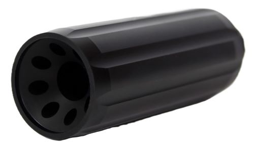 Black cylindrical muzzle device with front ports