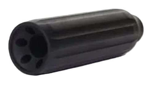 Black cylindrical firearm suppressor with vented end