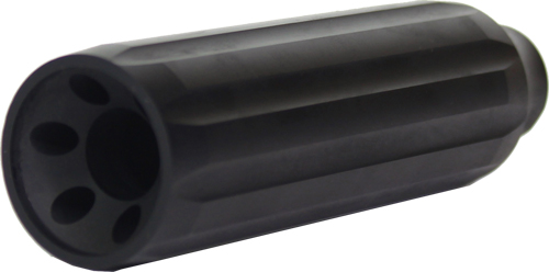 Black cylindrical firearm suppressor with multiple front ports