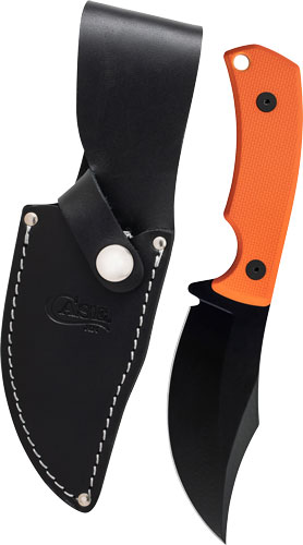 Fixed-blade knife with orange handle and sheath