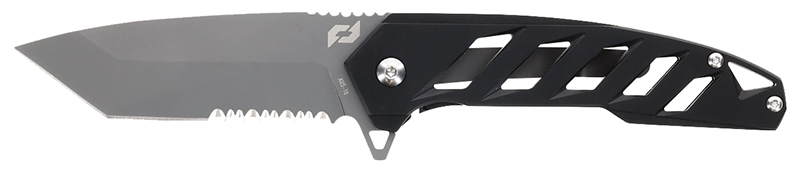 Partially serrated folding knife with black handle
