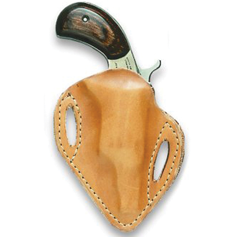 Revolver in tan leather holster on white background