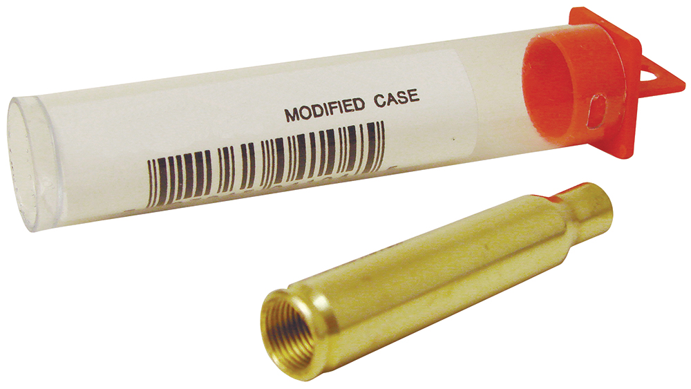 Brass modified cartridge case and labeled plastic tube