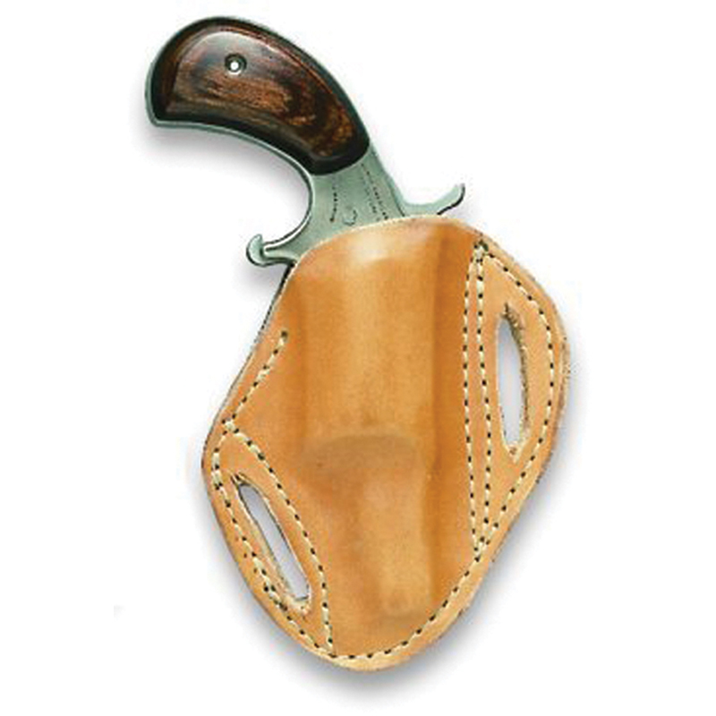 Curved knife in tan leather sheath