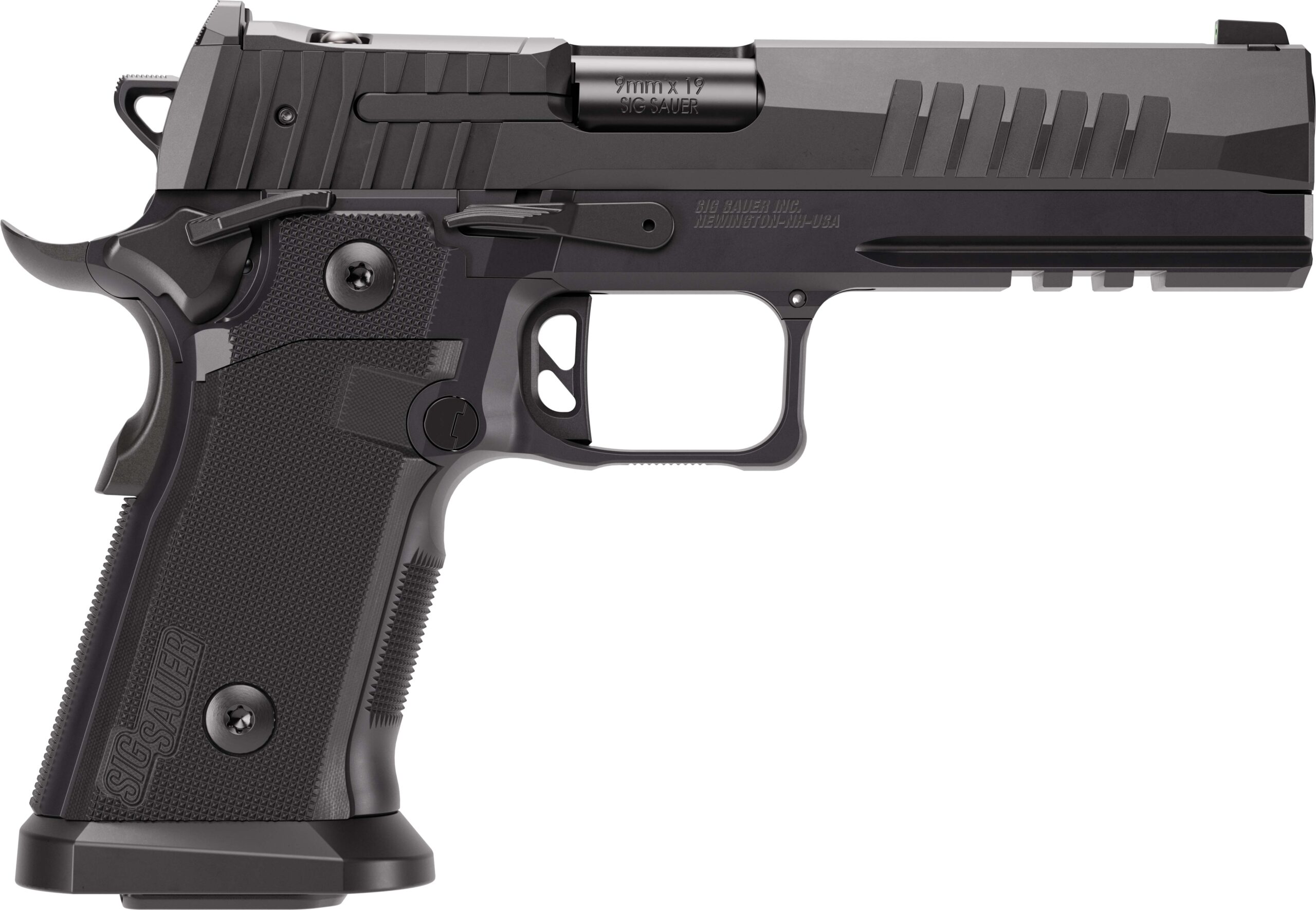 Black SIG Sauer 1911-style 9mm pistol side view