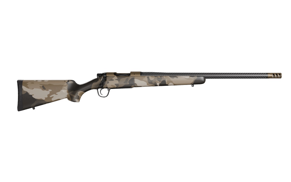 Camouflage bolt-action rifle with carbon fiber barrel