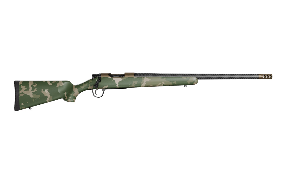 Camouflage bolt-action rifle on white background
