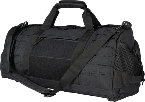 Black tactical duffel bag with shoulder strap