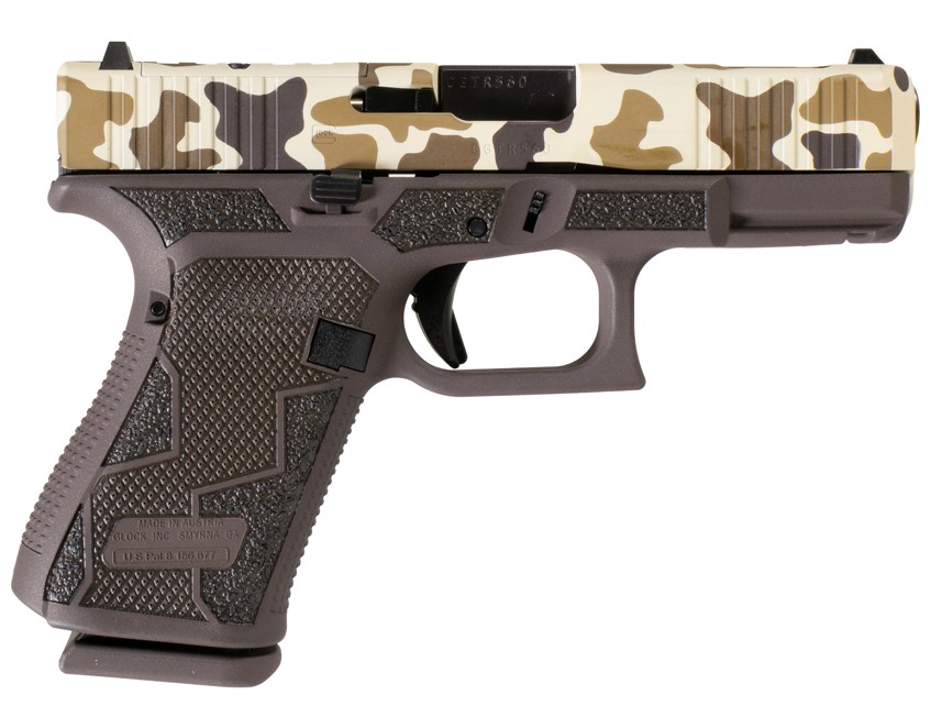 Camouflage slide semi-automatic handgun on white background