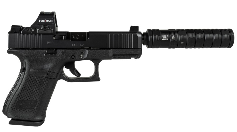 Black handgun with suppressor and red dot sight