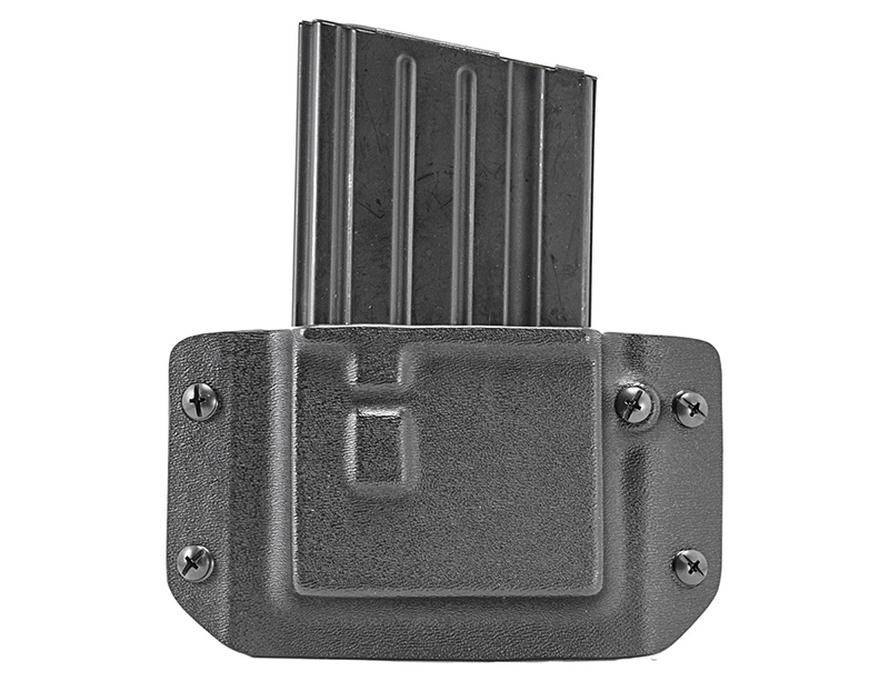 Black handgun magazine in polymer belt pouch