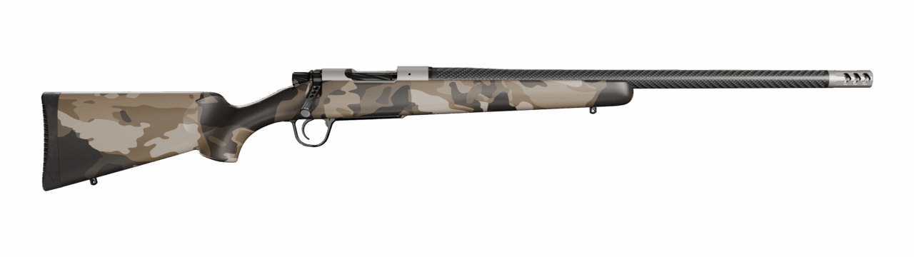 Camouflage bolt-action rifle with long barrel