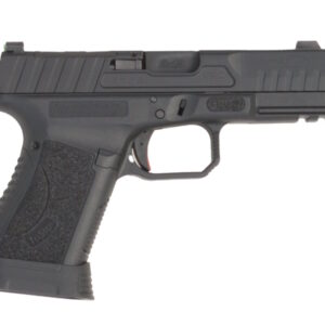 Black semi-automatic handgun on white background