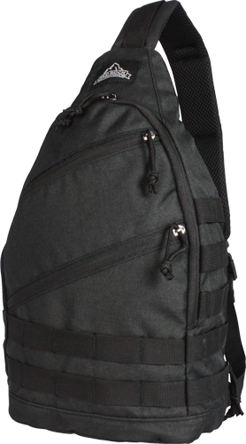 Black tactical sling backpack with multiple zippered compartments
