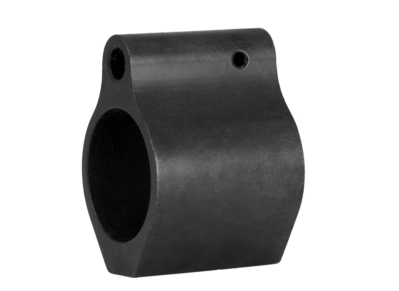 Black metal clamp with circular opening and screw holes