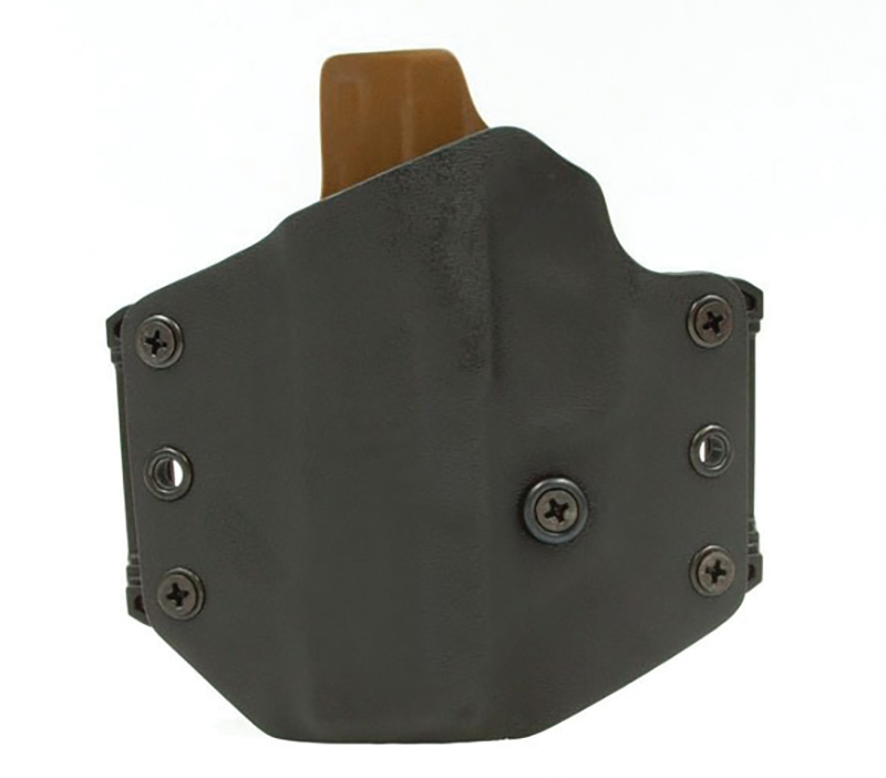 Black Kydex handgun holster with visible grip