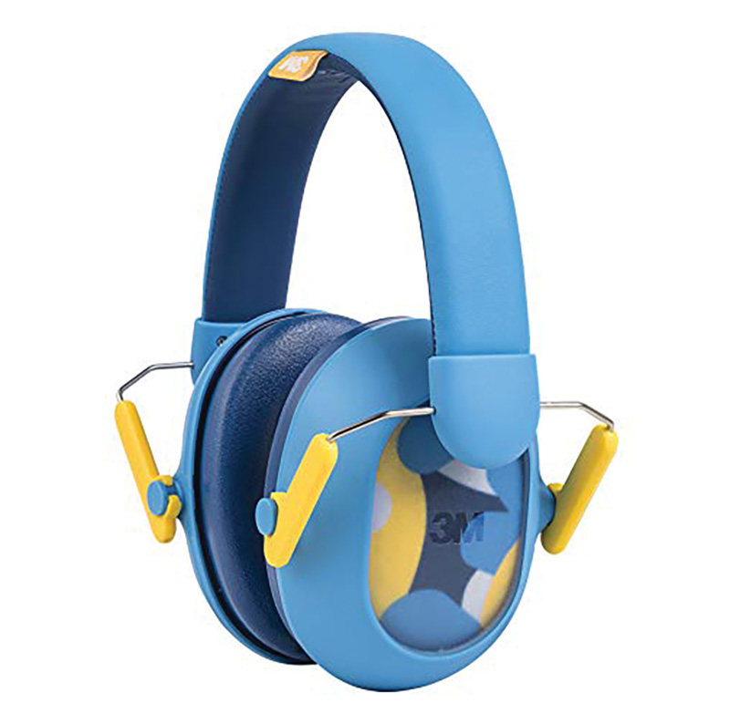 Blue and yellow over-ear hearing protection earmuffs